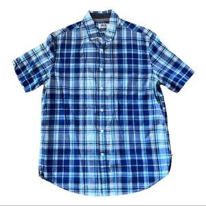 Le Tigre | mens blue plaid shirt sleeve button down shirt